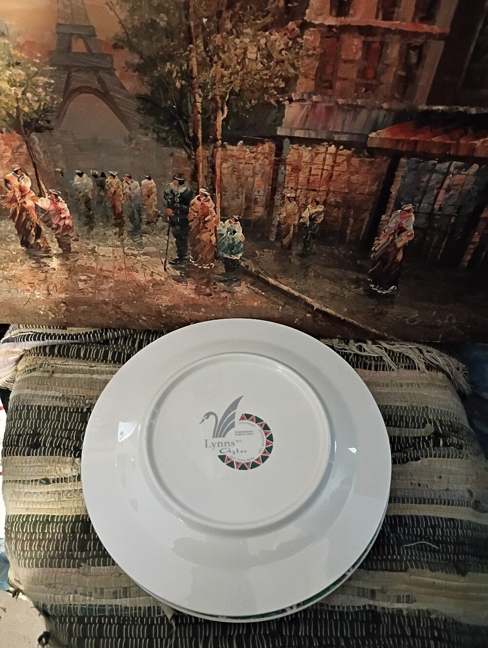 Geometric Pattern Dinner Plate - Pink & Teal Rim - Picture 3 of 5